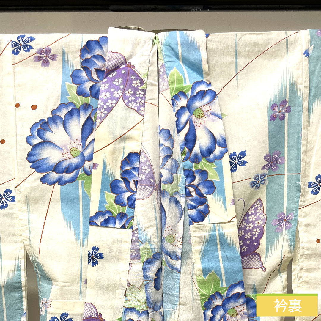浴衣 木綿 身丈165cm 裄丈66cm Sランク 単衣 白系 蝶 牡丹 撫子 1118004692511