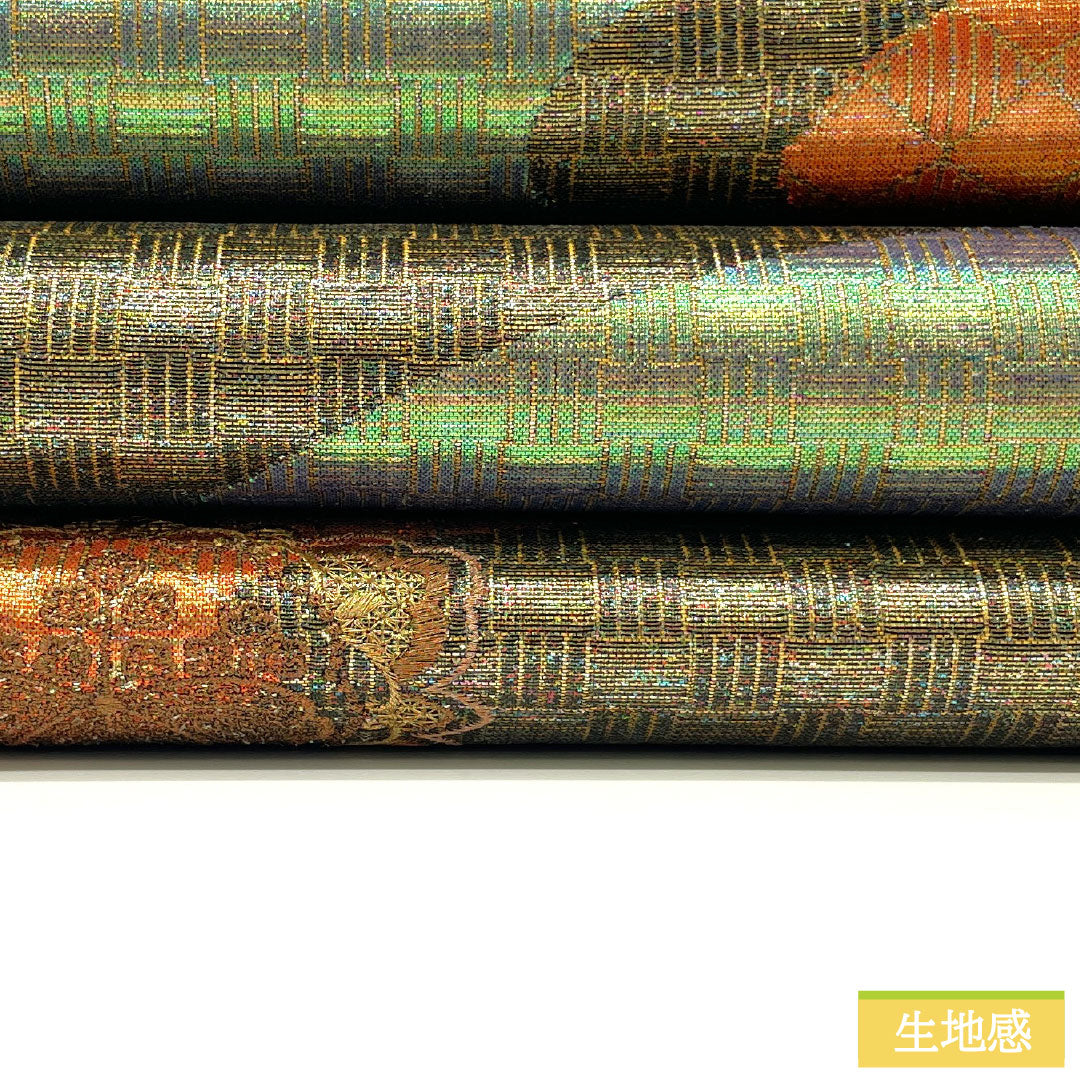 Nishijin-ori silk obi with embroidery, Gosan Paulownia pattern, flowing water design, and iridescent beetle motifs. Length: 440cm. Semi-formal, gradient accents. Product code: 1123016692399.