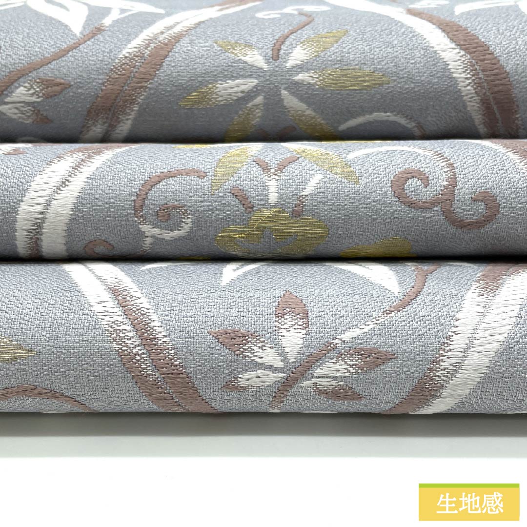 袋帯 正絹 水銀色（すいぎんいろ） 西陣織 立湧 抽象花 帯丈452cm Sランク 六通 セミフォーマル グレー系 1123012642422
