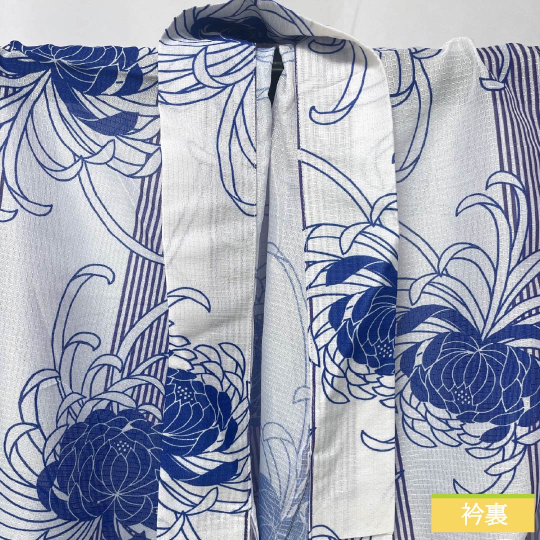 （新品未使用品） 浴衣 ポリエステル 身丈167cm 裄丈65.5cm NEWランク 単衣 白系 白色（しろいろ） 糸菊 経縞 1118005761511