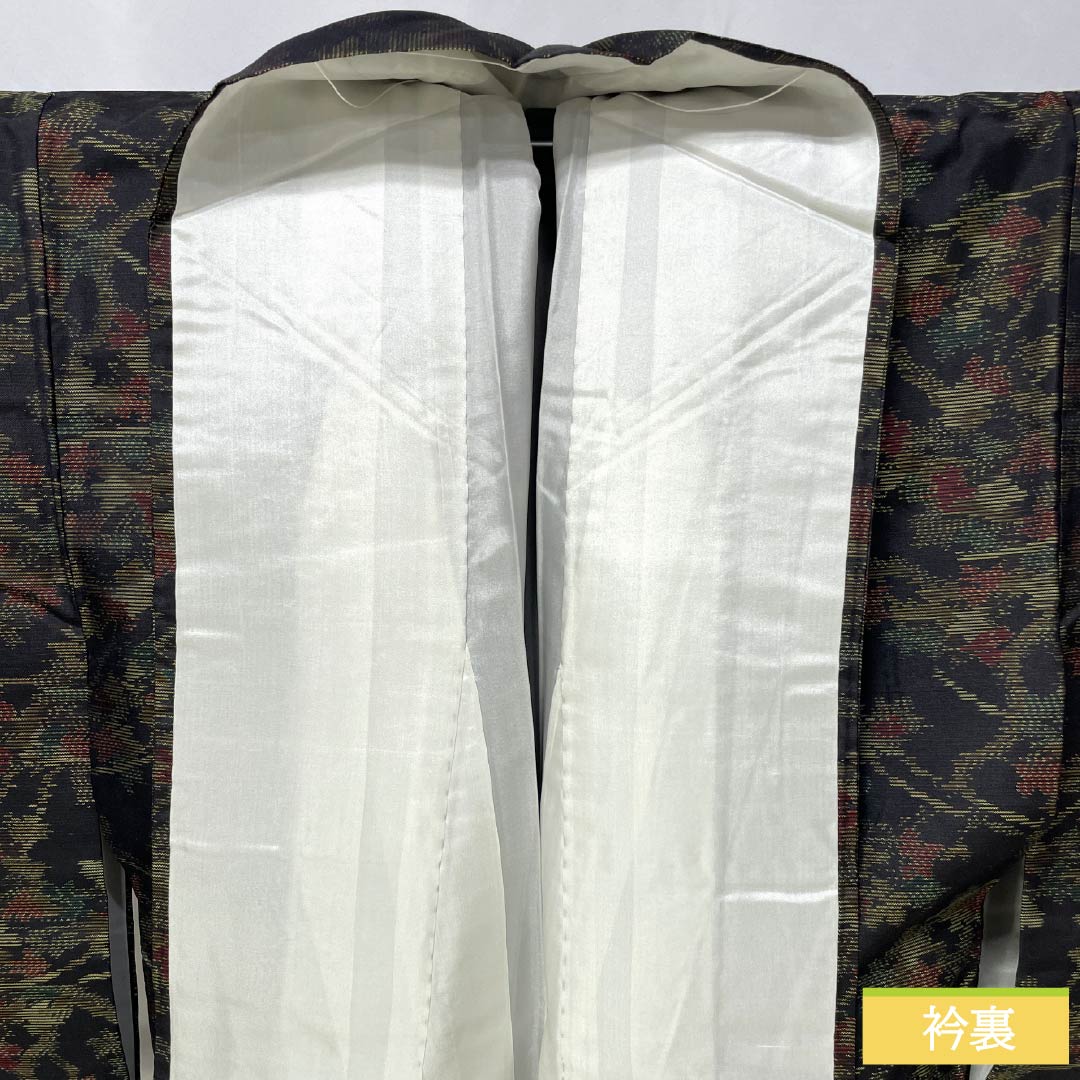 Pure silk tsumugi (pongee) kimono, S rank, length 157.5cm, sleeve length 62cm, Oshima tsumugi with horizontal double-kasuri pattern, full flower pattern, lined, black, with basting threads, product number 1116004062310