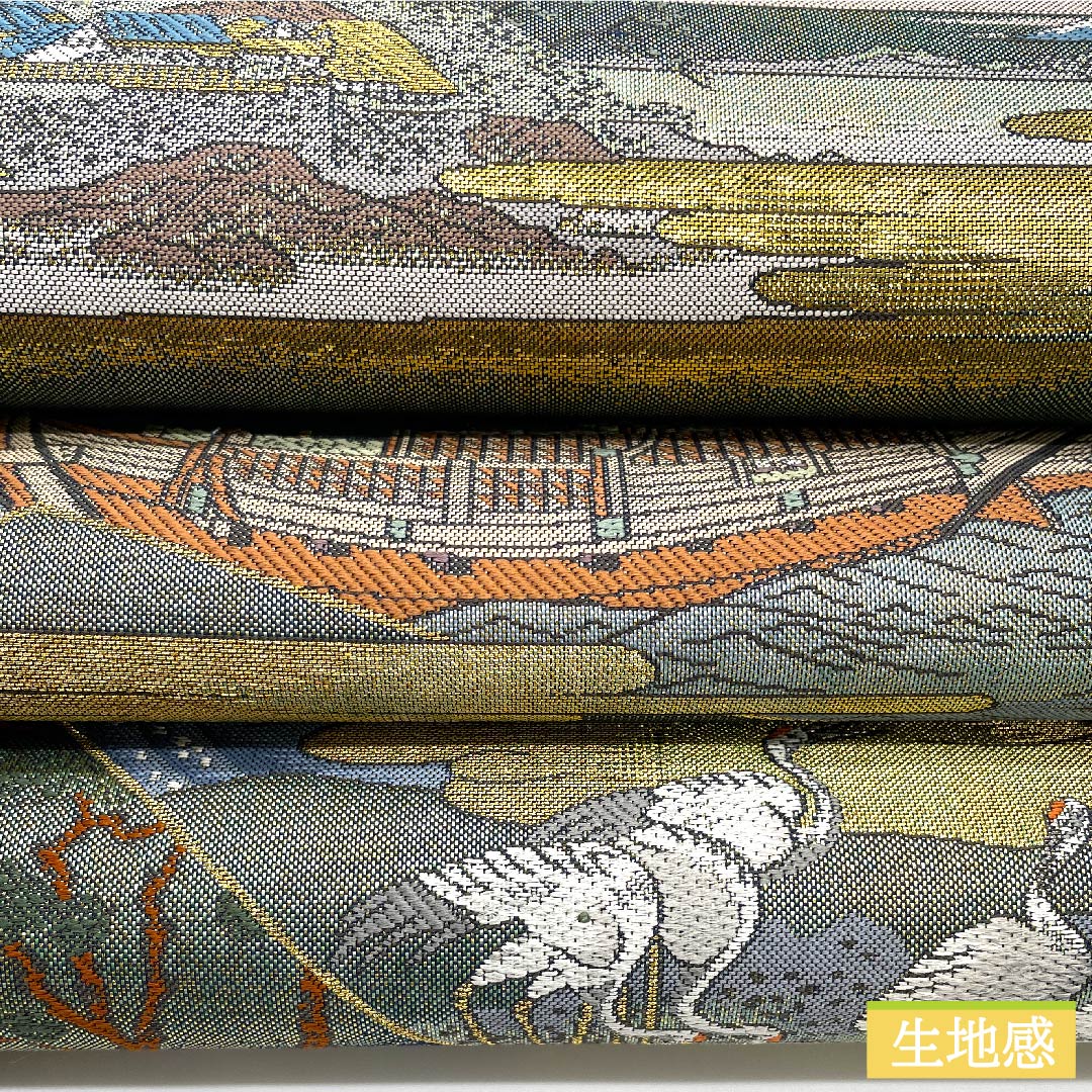袋帯 正絹 玉虫色 留袖用 時代人物風景模様   帯丈437cm Sランク 全通 フォーマル 緑系 1123010922319