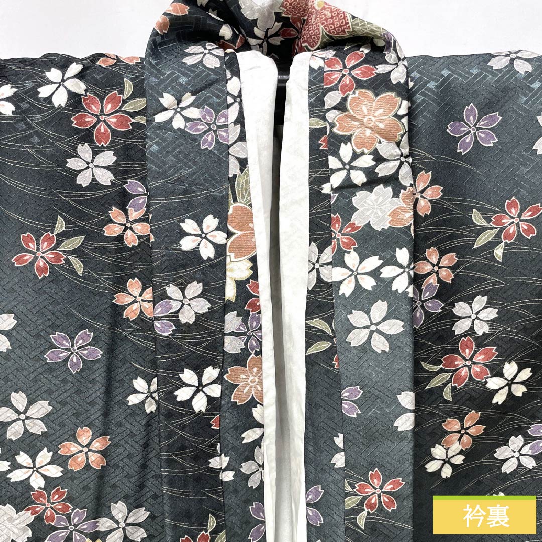 Komon (small pattern) kimono, polyester, length 164.5cm, sleeve length 63.5cm, lined, Noshimeiro (noshime-iro) pattern with dew grass and cherry blossoms, washable, S rank, gray, product number 1115006112422