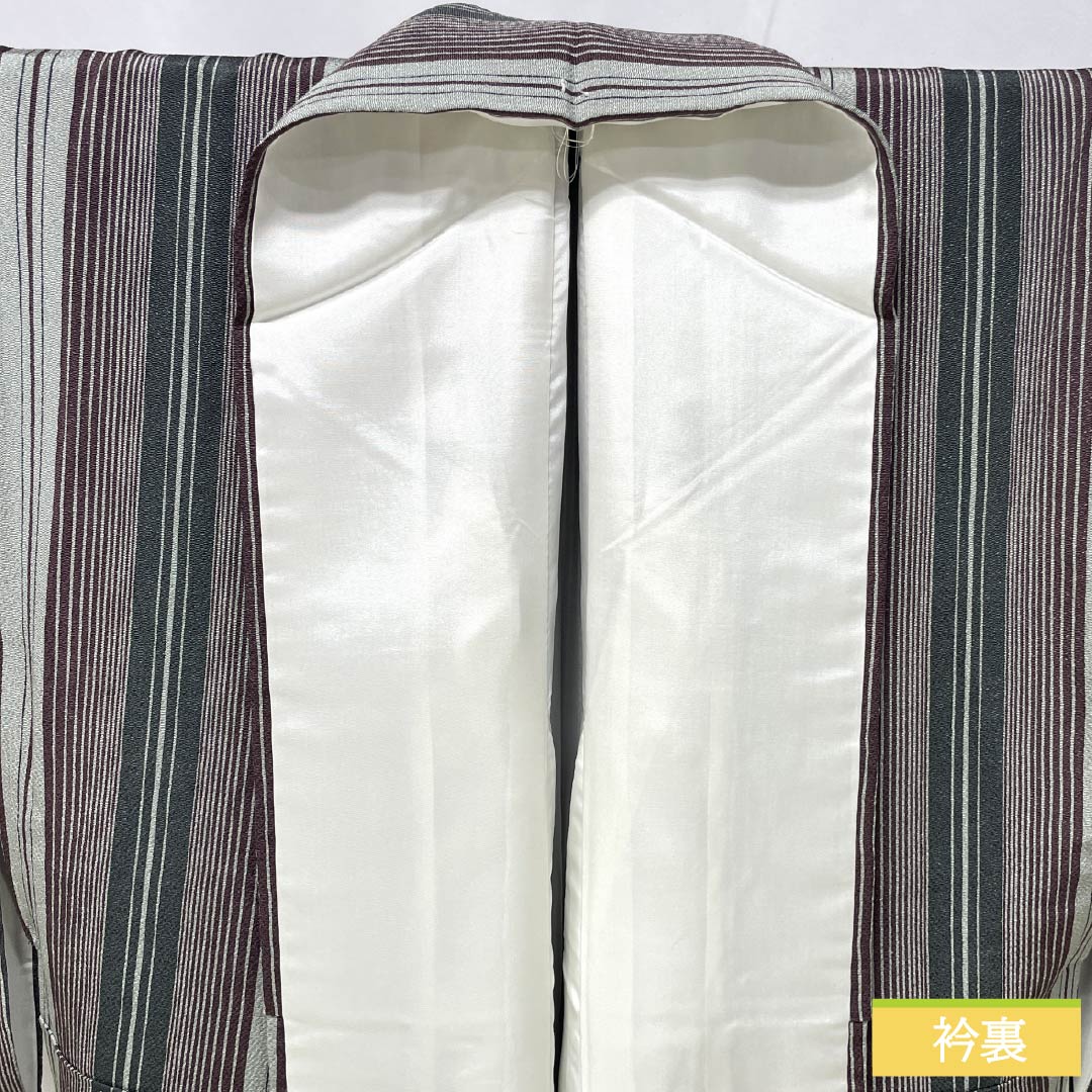 小紋 正絹 Sランク 身丈163.5cm 裄丈66cm 袷 青白磁色（せいはくじいろ） 縞 ちりめん地 しつけ糸付き 緑系 1115006452419