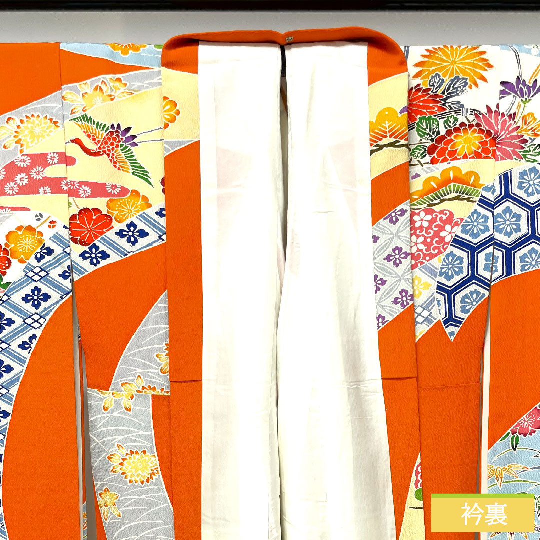 振袖 正絹 身丈151cm 裄丈62cm 袷  黄丹色 京紅型 吉祥文様  Aランク 橙系 1113001913226