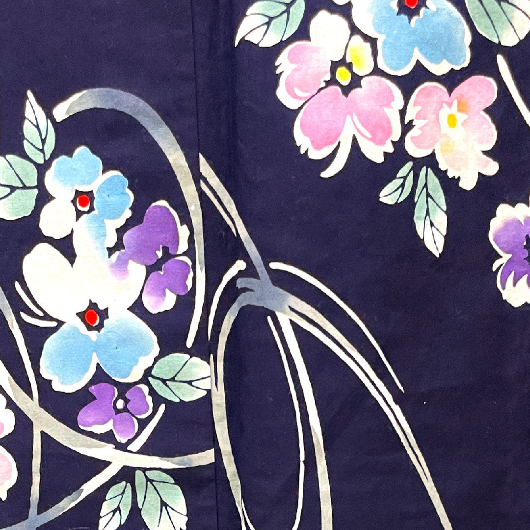 Yukata with basting thread, unused, dark navy blue, abstract flower, cotton, S rank, single layer, length 164cm, sleeve length 67cm, navy blue, 1118003432418