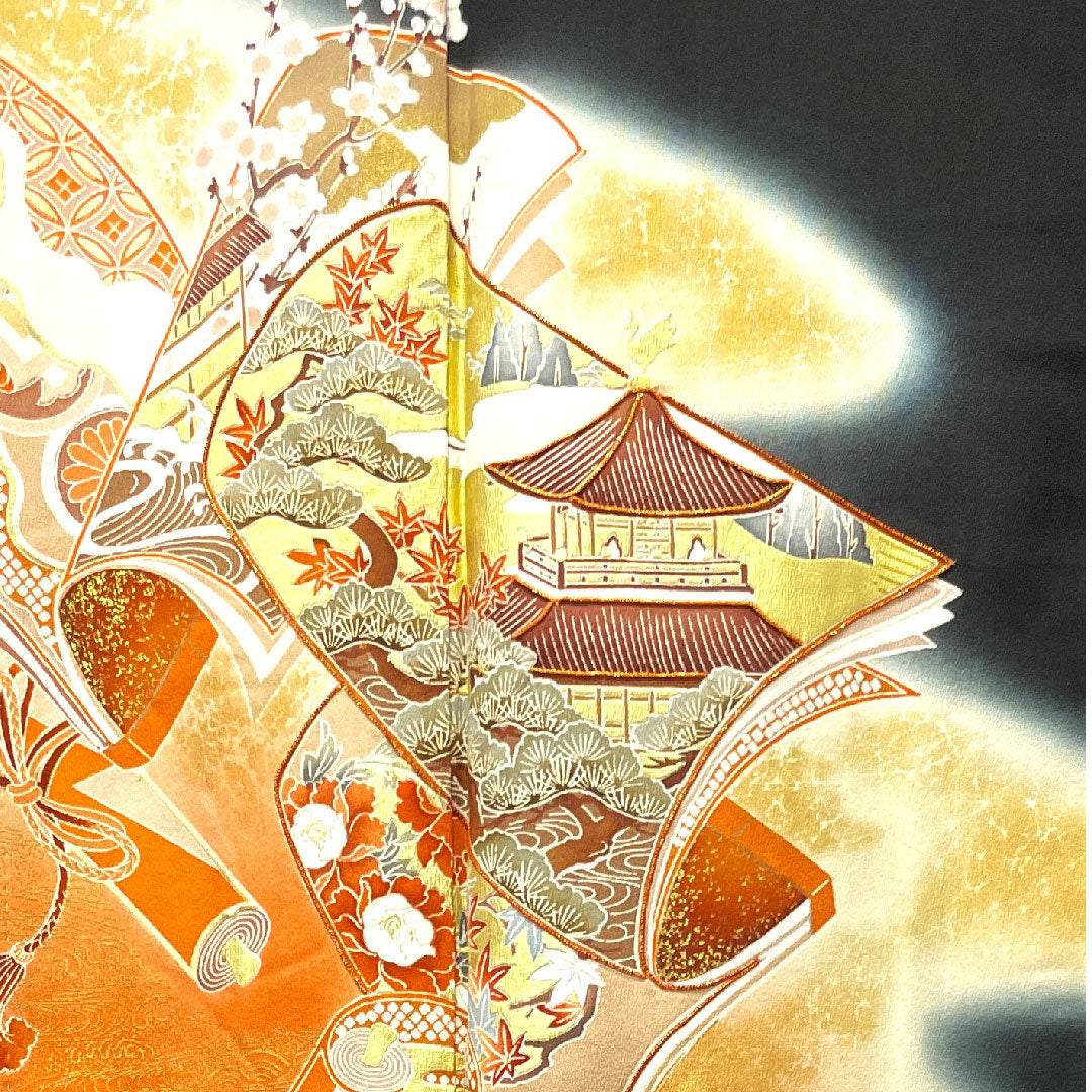 Black formal kimono, length 159.5cm, sleeve length 63cm, lined, Kyoto Yuzen, auspicious motif, circle and bottles, pure silk, A rank, five crests, black, 1111000843310