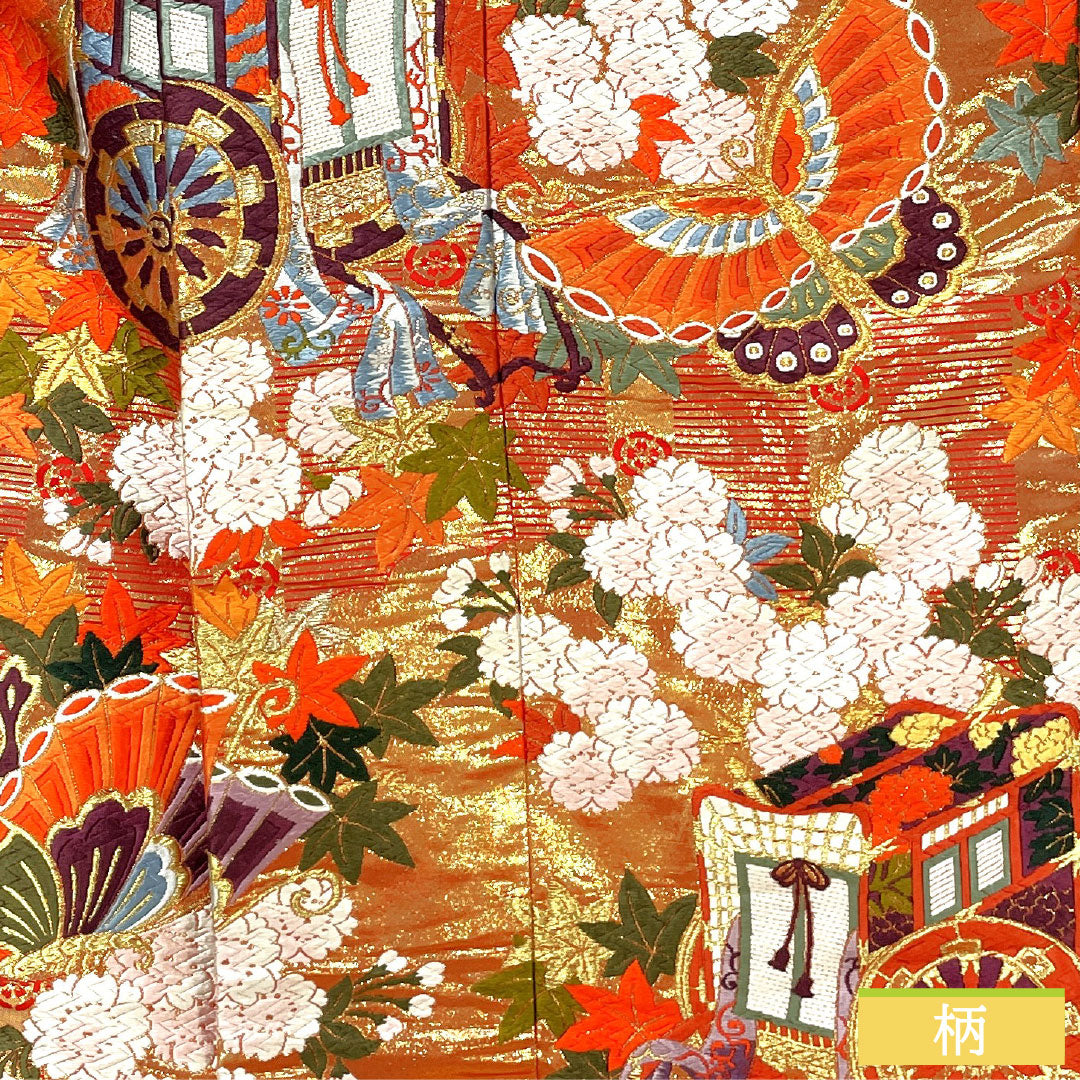 Iro-uchikake (colored kimono) made of pure silk, grade A, length 184cm, sleeve length 60.5cm, Karaori (Chinese weave) with butterfly and floral patterns, lined, vermilion, 1110001003916