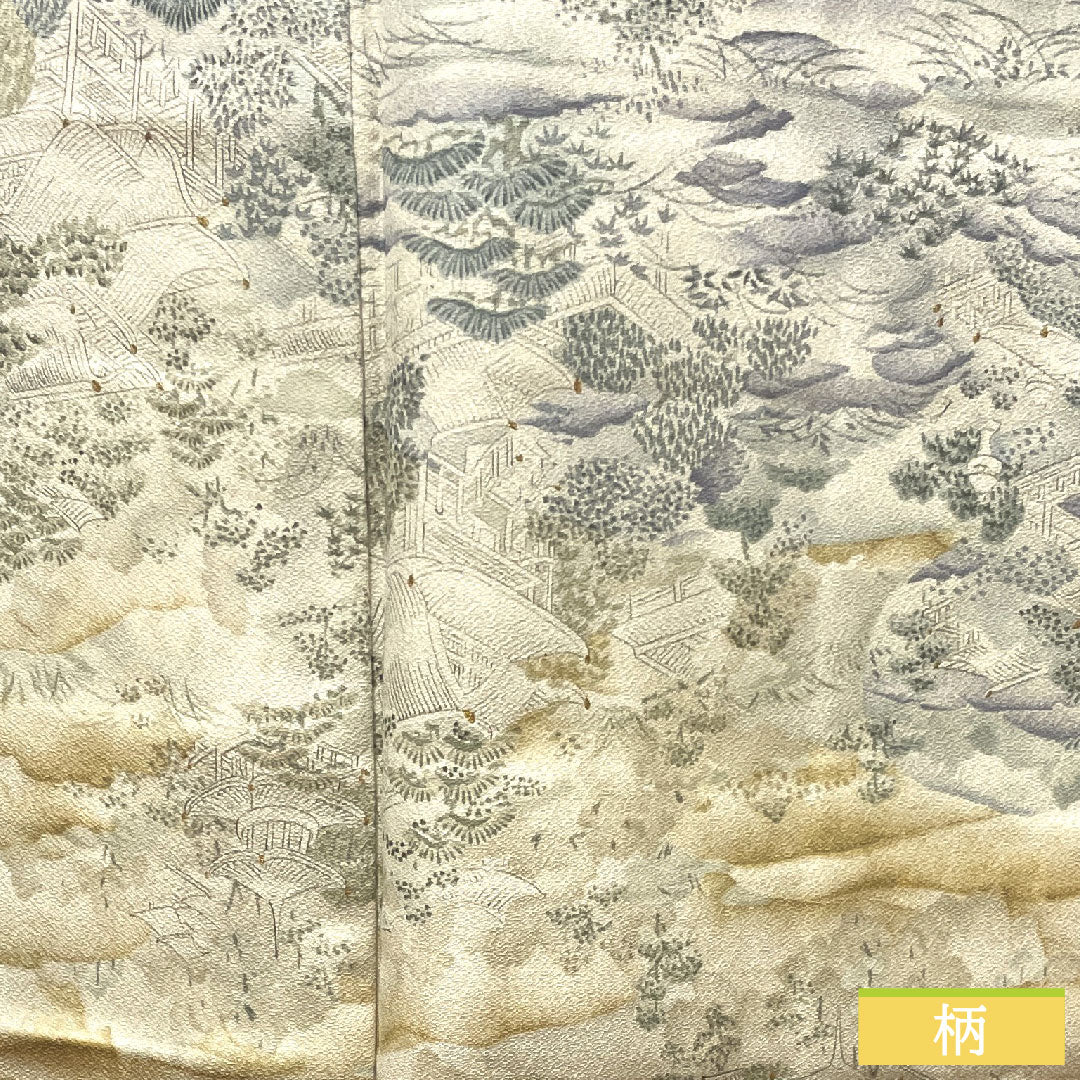 小紋 正絹 身丈159cm 裄丈65.5cm 袷  銀白色 風景模様 しつけ糸付き 未使用品  Sランク グレー系 1115003722322