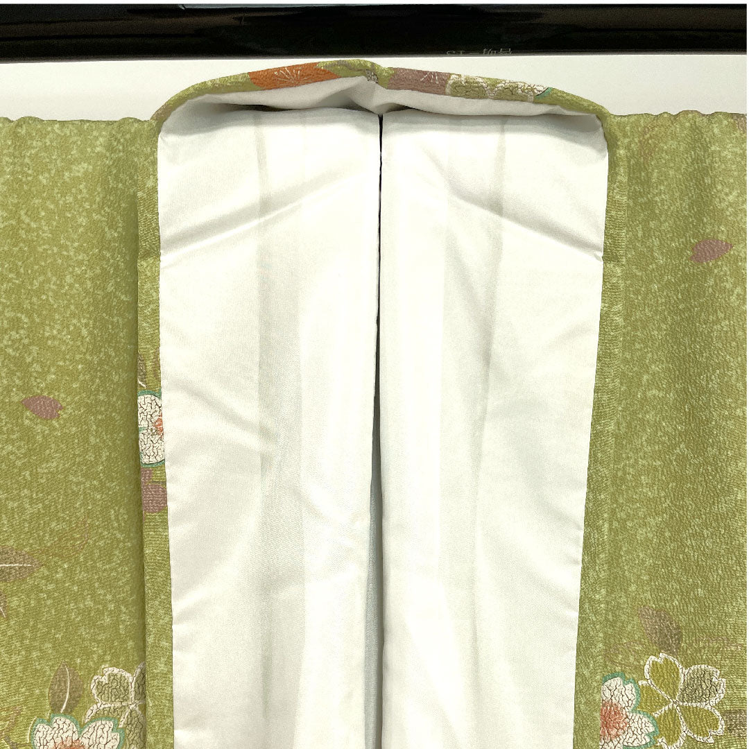 小紋 身丈164cm 裄丈64cm 袷  薄青朽葉色 洗える着物 桜  ポリ Sランク 緑系 1115002342419