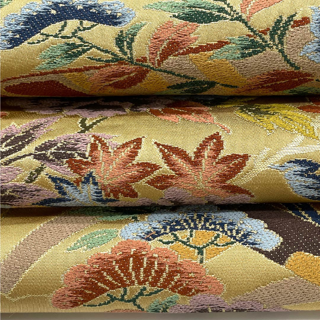 袋帯 山吹鼠色（やまぶきねずいろ） 白綾苑大庭 花柄 帯丈428cm 正絹 Sランク 六通 フォーマル 茶系 1123009472314