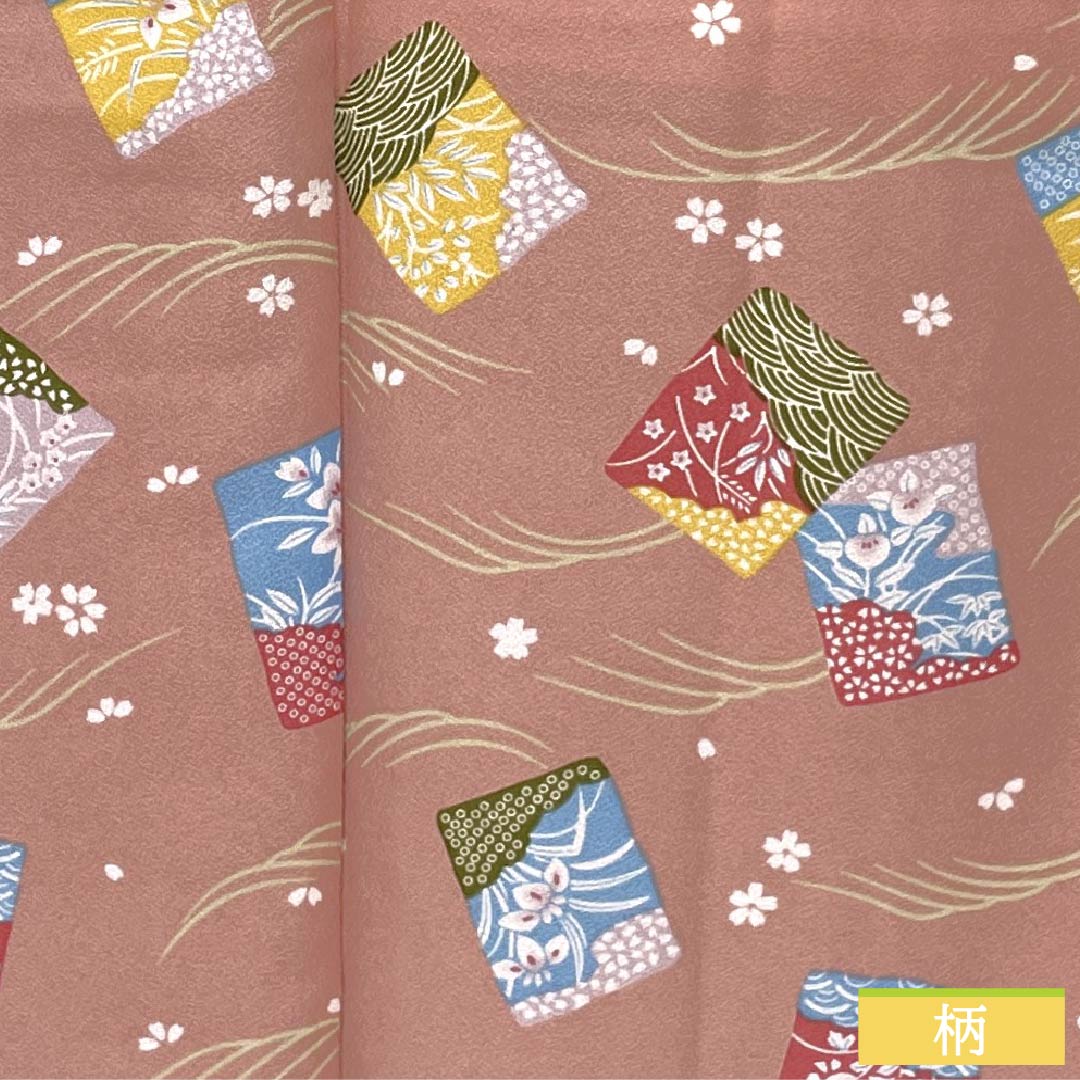 Small-patterned kimono, polyester, S rank, length 165.5cm, sleeve length 66cm, lined, pale pink plum color (usukoubaiiro), classic pattern, with basting thread, washable, pink, 1115007042513