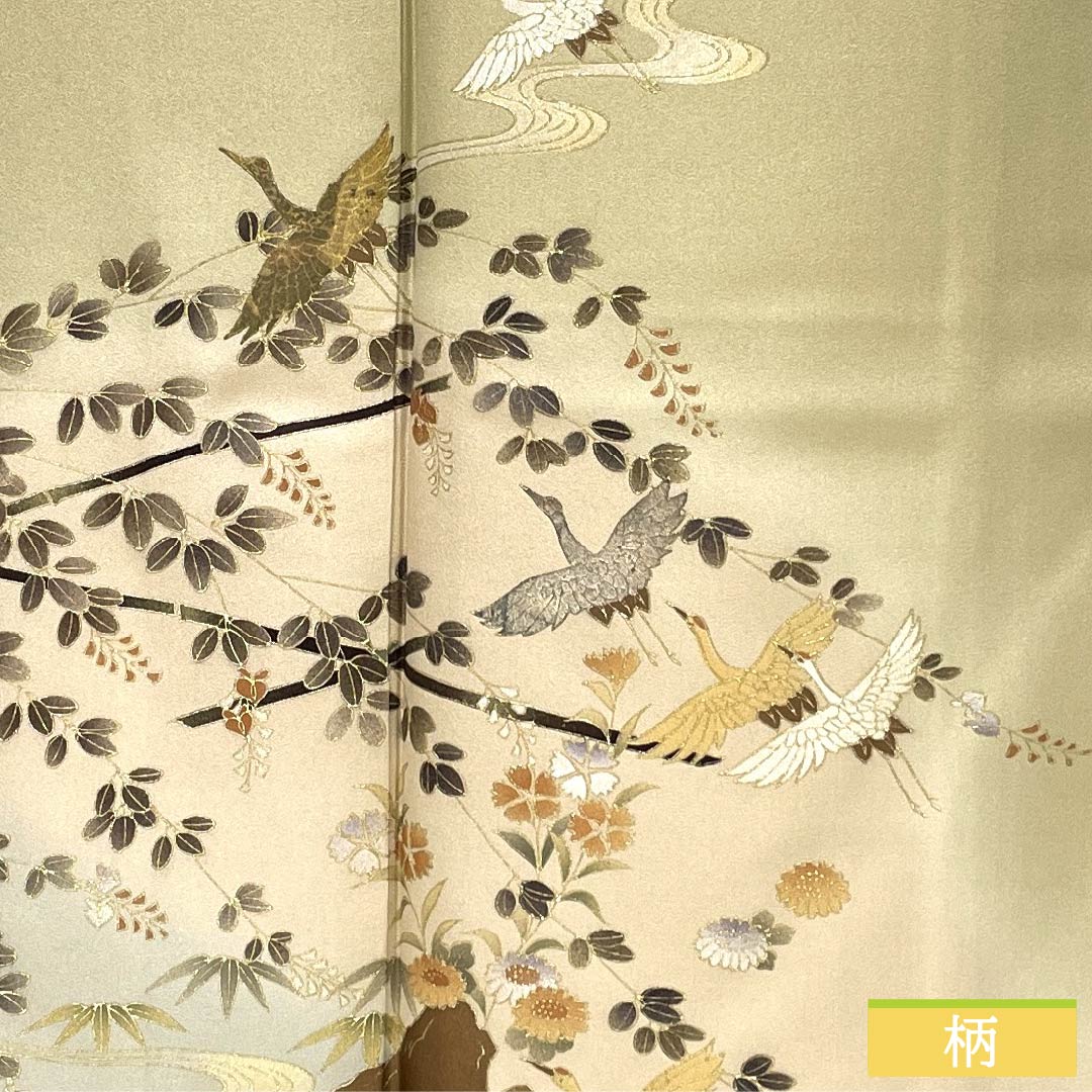 Visiting Kimono, Pure Silk, Rank B, Lined, Length 165.5cm, Sleeve Length 67cm, Pale Yellowish Brown, Gold Accents, Flowing Water and Crane Design, Yellowish Color, Product Number: 1112006904523