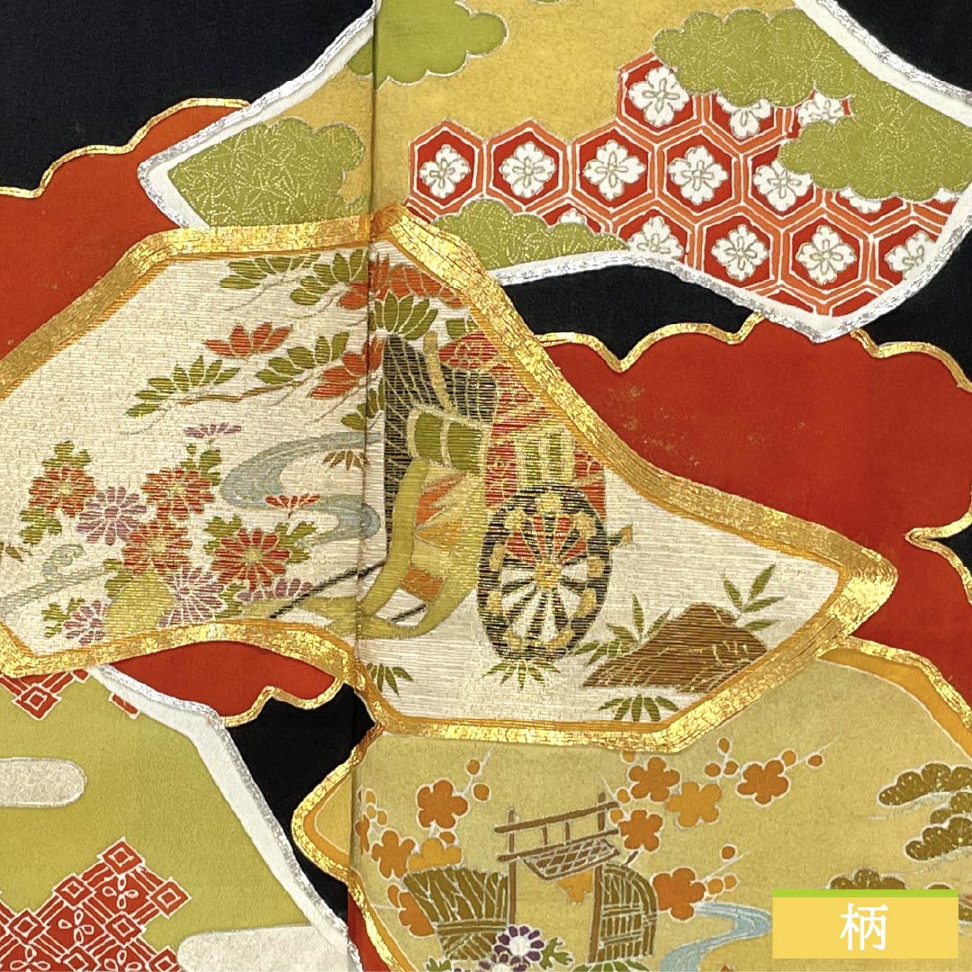 Black Tomesode (Japanese Kimono) - Pure Silk, Grade A, Length 155.5cm, Sleeve Length 63cm, Lined, Kyoto Yuzen, Five Crests, Gosan Paulownia, Auspicious Motifs, Imperial Carriage, Chaya-tsuji, Five Crests, Black, Item Number 1111001943310