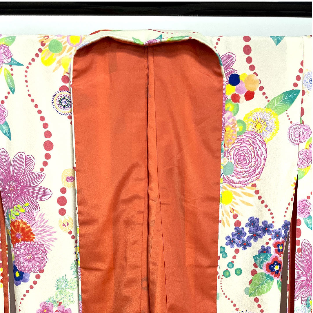 振袖 身丈166cm 裄丈68cm 袷  象牙色 洗える着物 花模様  ポリ Sランク クリーム系 1113001032515
