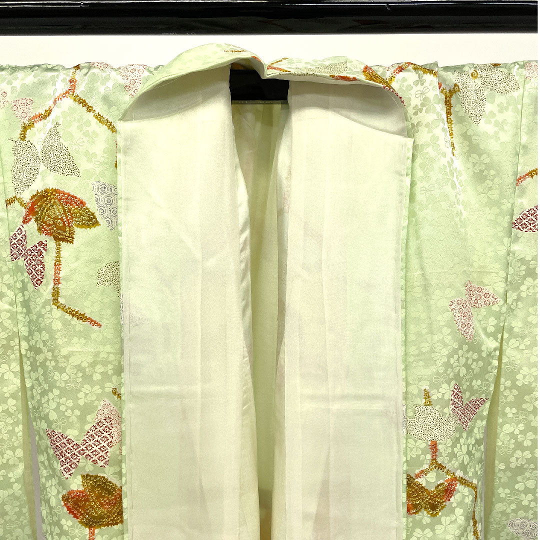 Small pattern, Length 161cm, Sleeve length 66cm, Awase, Butterfly and tortoiseshell pattern, Washable kimono, Polyester, B rank, Green, 1115001014319