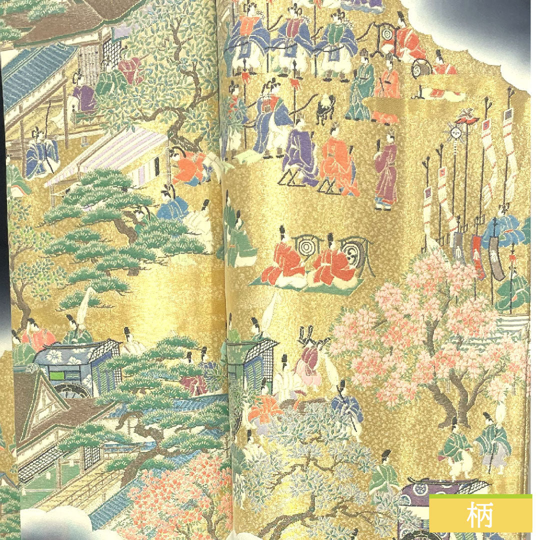 黒留袖 正絹 身丈156.5cm 裄丈63cm 袷  寿光織 時代人物風景模様 新はじく加工 五つ紋 違い鷹の羽 Sランク 黒系 1111001332310