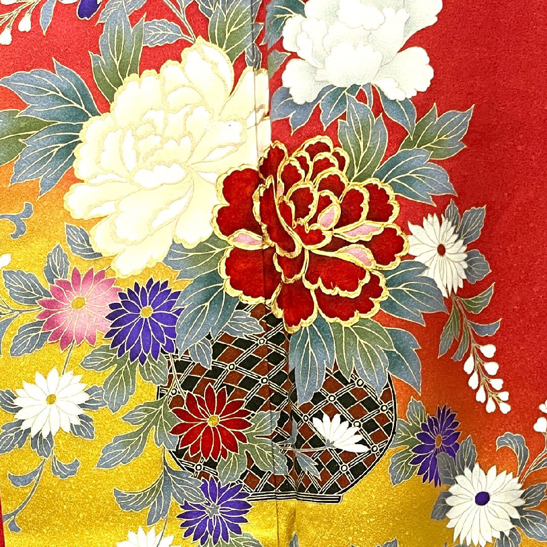 振袖 身丈153.5cm 裄丈63cm 袷  赤紅色 京友禅 草花模様  正絹 Aランク 赤系 1113001523212