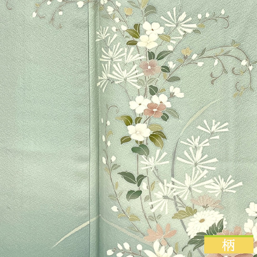訪問着 正絹 袷 身丈153cm 裄丈65.5cm 秘色（ひそく） 京友禅 桜 椿 菊 スーパーガード加工 Aランク 水色系 1112005503224