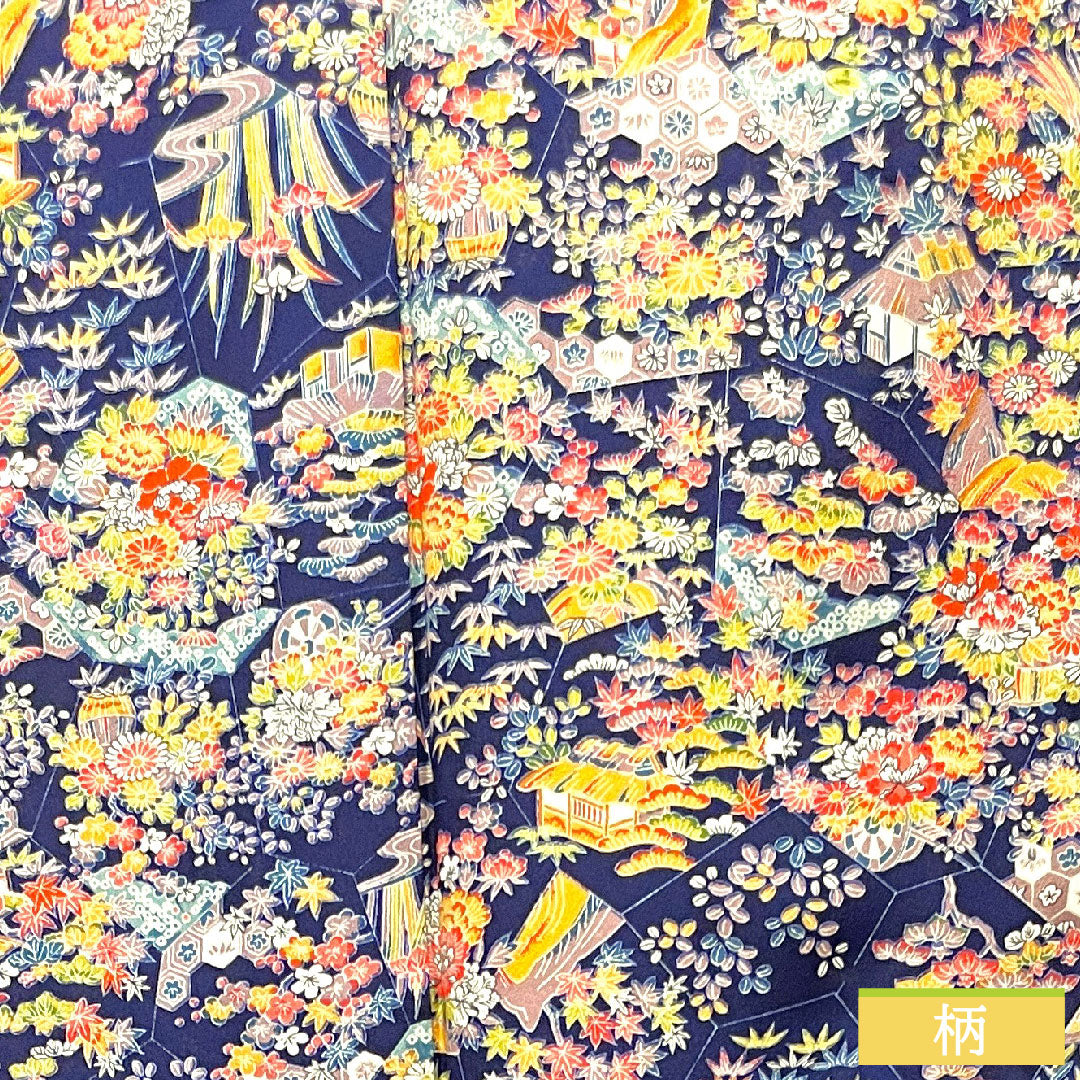 Small pattern, pure silk, length 157cm, sleeve length 64cm, lined, navy blue bellflower color, floral pattern, Chayatsuji, S rank, navy blue, 1115003632318