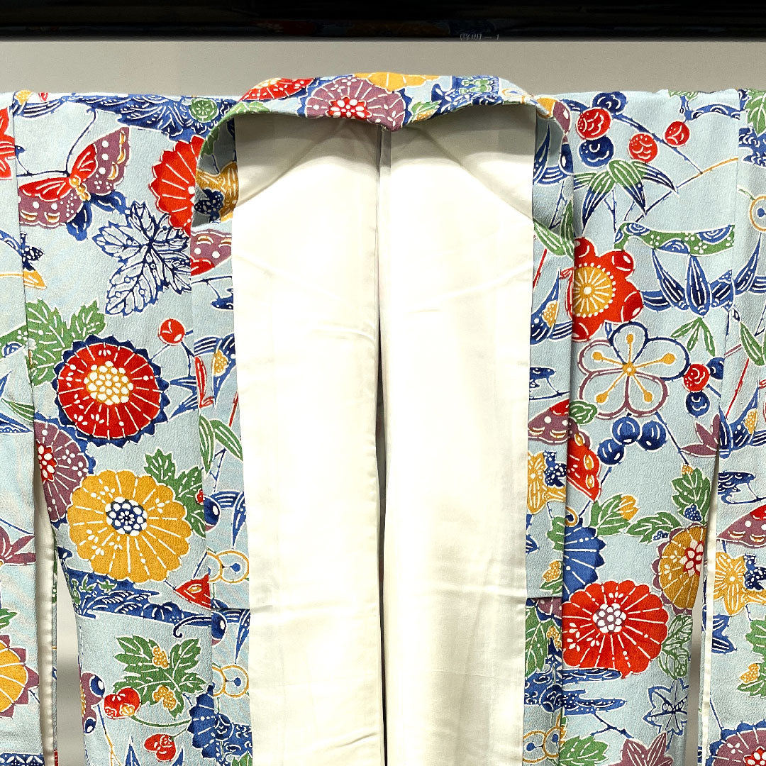 小紋 身丈160cm 裄丈64cm 袷  藍白色 京紅型 蝶 菊  正絹 Aランク 青系 1115003163417