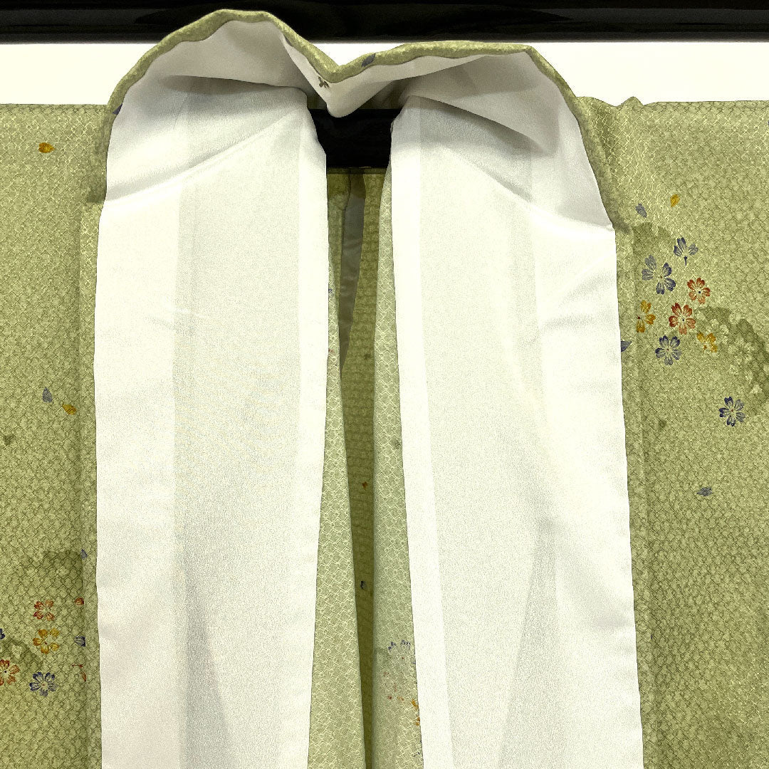 小紋 身丈166.5cm 裄丈69cm 単衣  桜 雪輪 洗える着物  ポリ Sランク 緑系 1115000792419