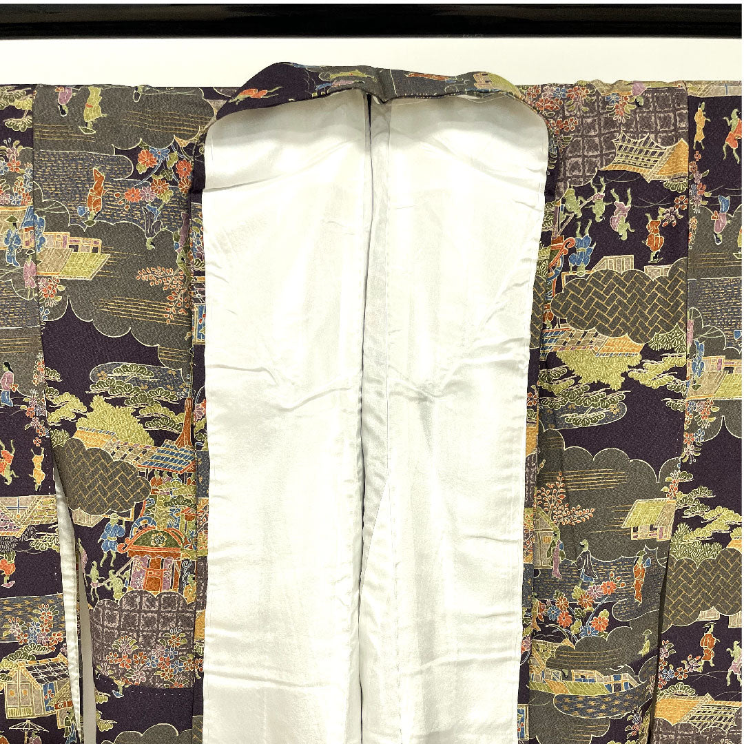 小紋 身丈153.5cm 裄丈65cm 袷  紫烏色 時代人物風景模様  正絹 Sランク 紫系 1115002322220
