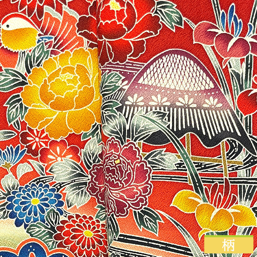 Furisode, pure silk, length 163cm, sleeve length 66.5cm, lined, scarlet, Kyoto Bingata, auspicious motif, S rank, red, 1113001852412