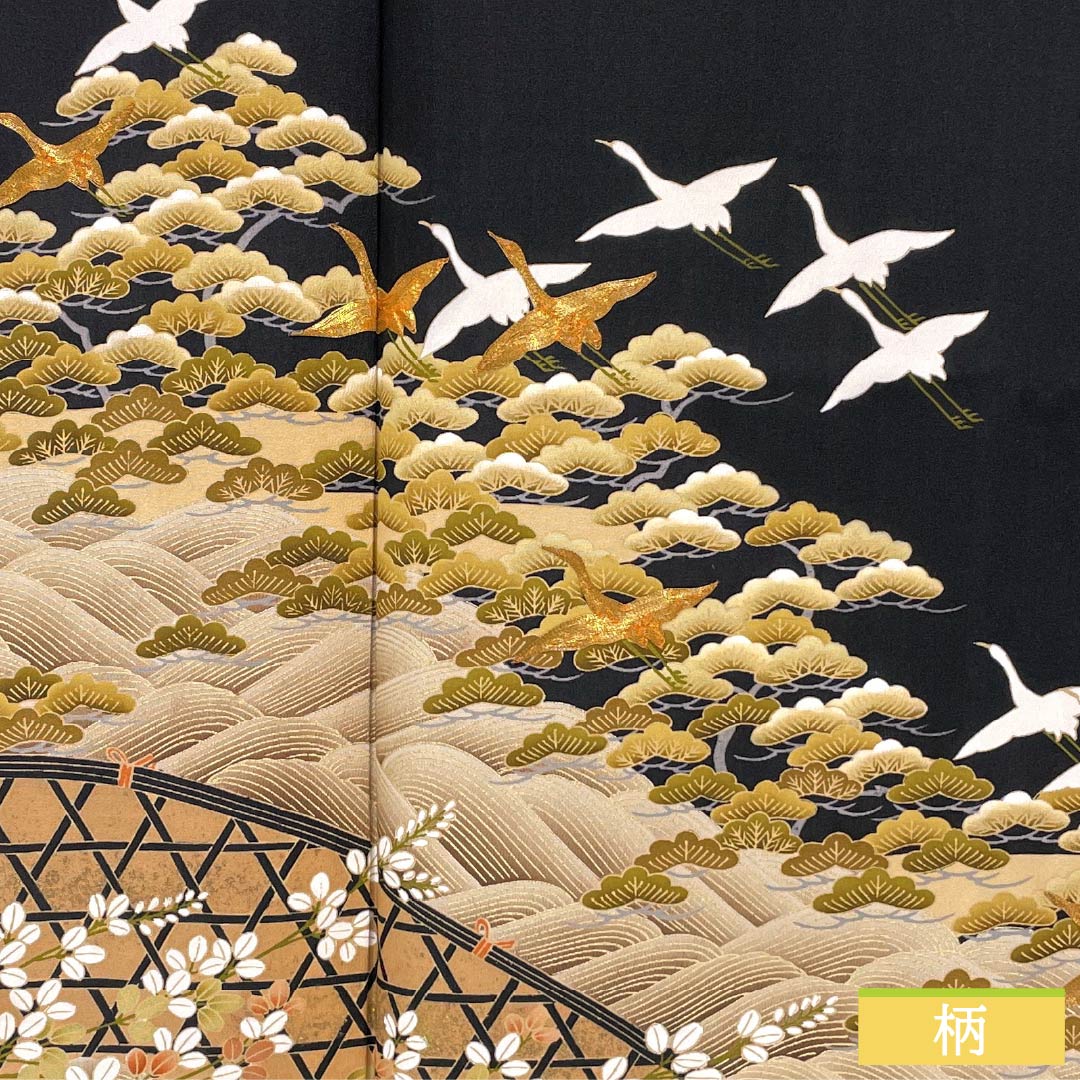 Black Tomesode (Japanese Kimono) - Pure Silk, Grade A, Length 167cm, Sleeve Length 67.5cm, Lined, Kyoto Yuzen, Five Crests, Chūin Gosan Paulownia, Crane, Pine, Hagi, Wave, Five Crests, Black, 1111002053510