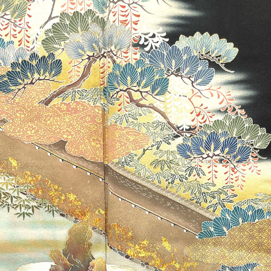 Black formal kimono, length 152cm, sleeve length 63cm, lined, artist's work, Kyoto Yuzen, rock garden pattern, bellflower, pure silk, A rank, five crests, black, 1111000923210