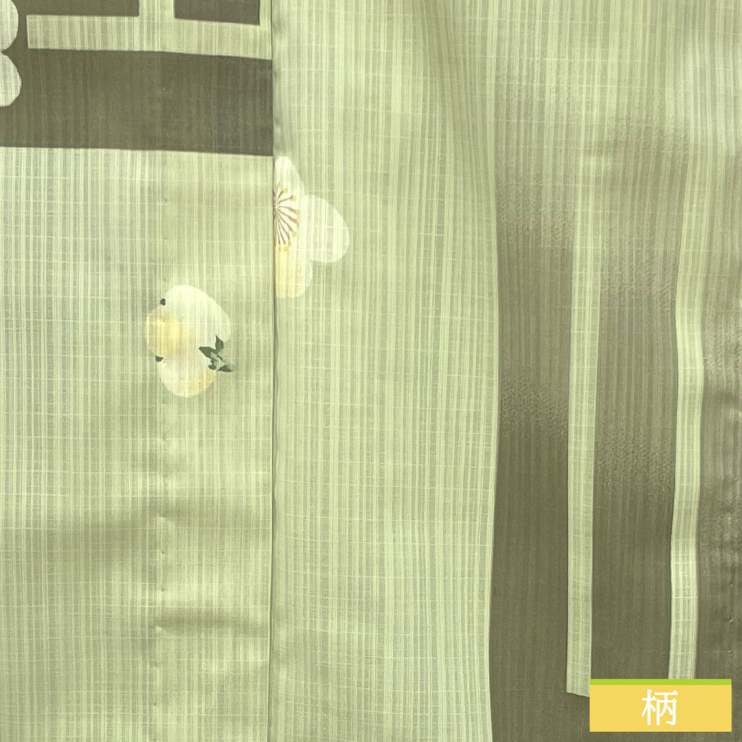 Summer kimono, polyester, small pattern, length 169cm, sleeve length 68cm, light green, washable kimono, plum, camellia, gauze, S rank, green 1132001872519