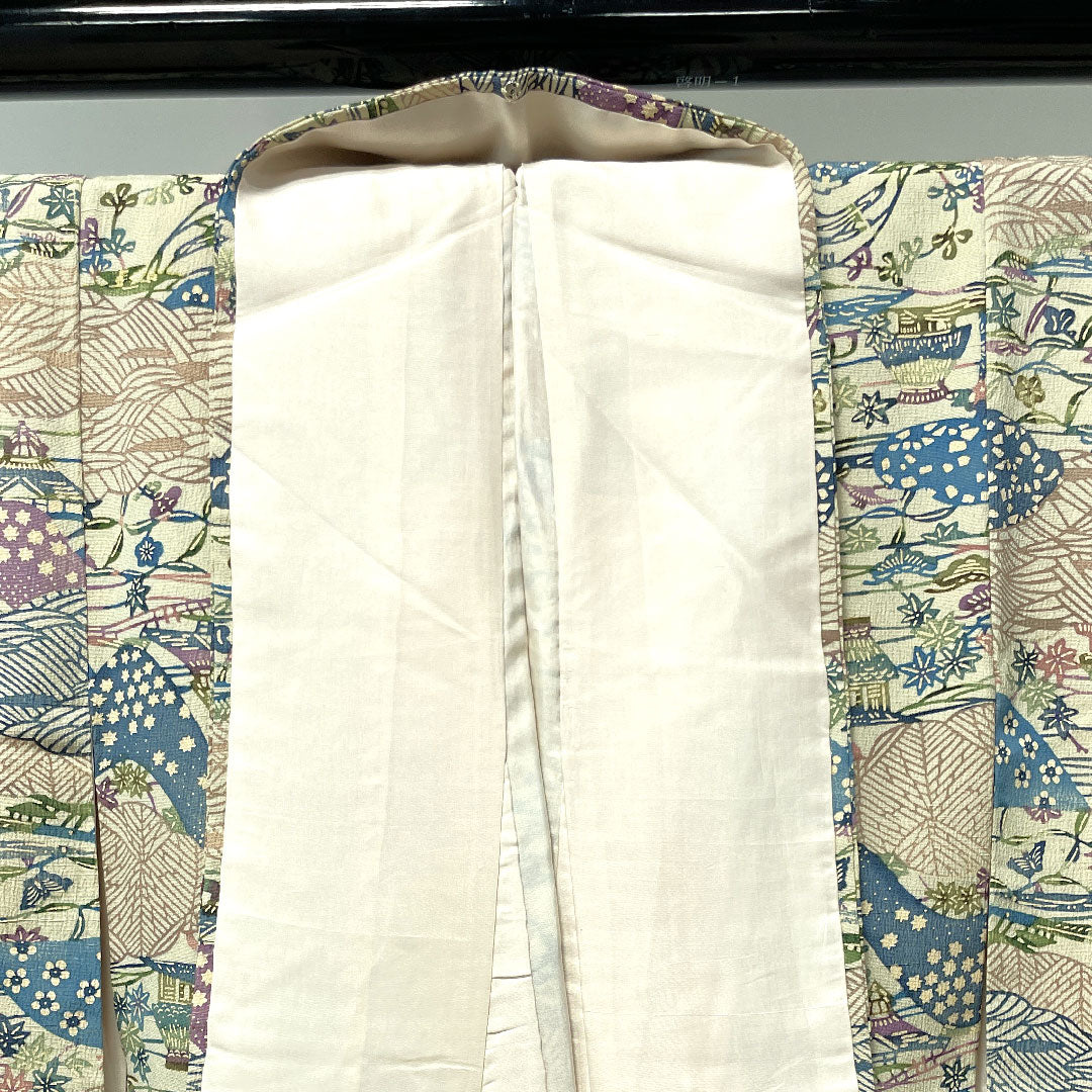 小紋 身丈154.5cm 裄丈61.5cm 袷  砥粉色 紅型 風景模様 正絹 Aランク クリーム系 1115003083215