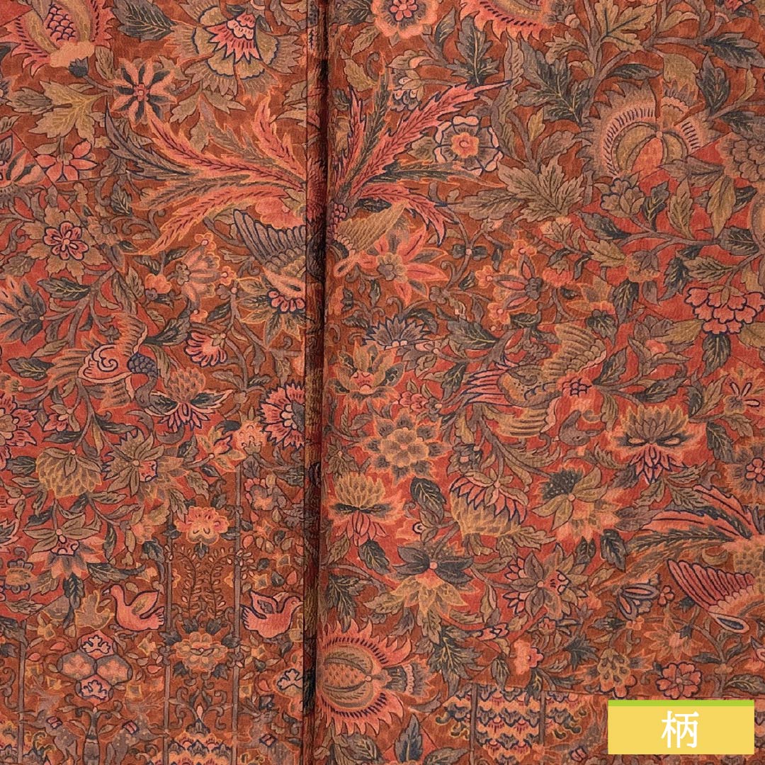 Komon, pure silk, length 159.5cm, sleeve length 64cm, lined, scarlet brown, stencil dyeing, chintz pattern, with basting thread, S rank, brown, 1115005012314