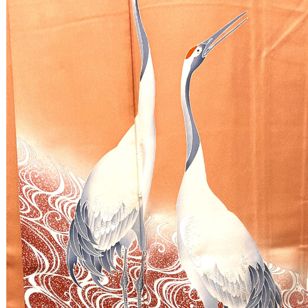 色留袖 身丈160.5cm 裄丈64cm 袷 珊瑚色 京友禅 鶴 流水 三つ扇 正絹 Sランク 三つ紋 橙系 1111001132426