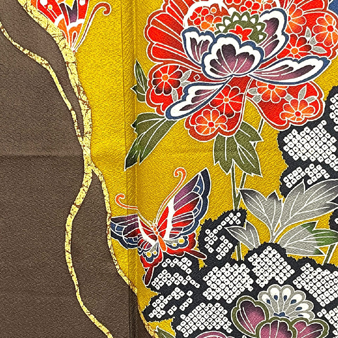 振袖 身丈164cm 裄丈66cm 袷  八丈色 京紅型 蝶 草花模様  正絹 Sランク 黄系 1113001742423