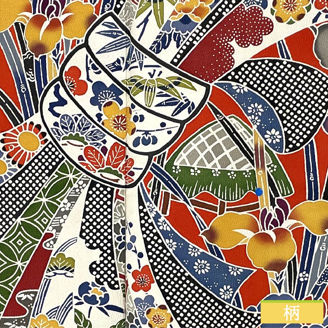 Furisode (long-sleeved kimono) made of pure silk, S-rank, length 166cm, sleeve length 67cm, lined, red, Kyoto Bingata pattern, with a bundled noshi (gift tag) and red crepe fabric, product number 1113002412512