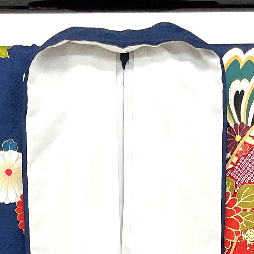 振袖 身丈170cm 裄丈68cm 袷  京友禅 熨斗に花模様 ポリエステル Sランク 紺系 1113000532618