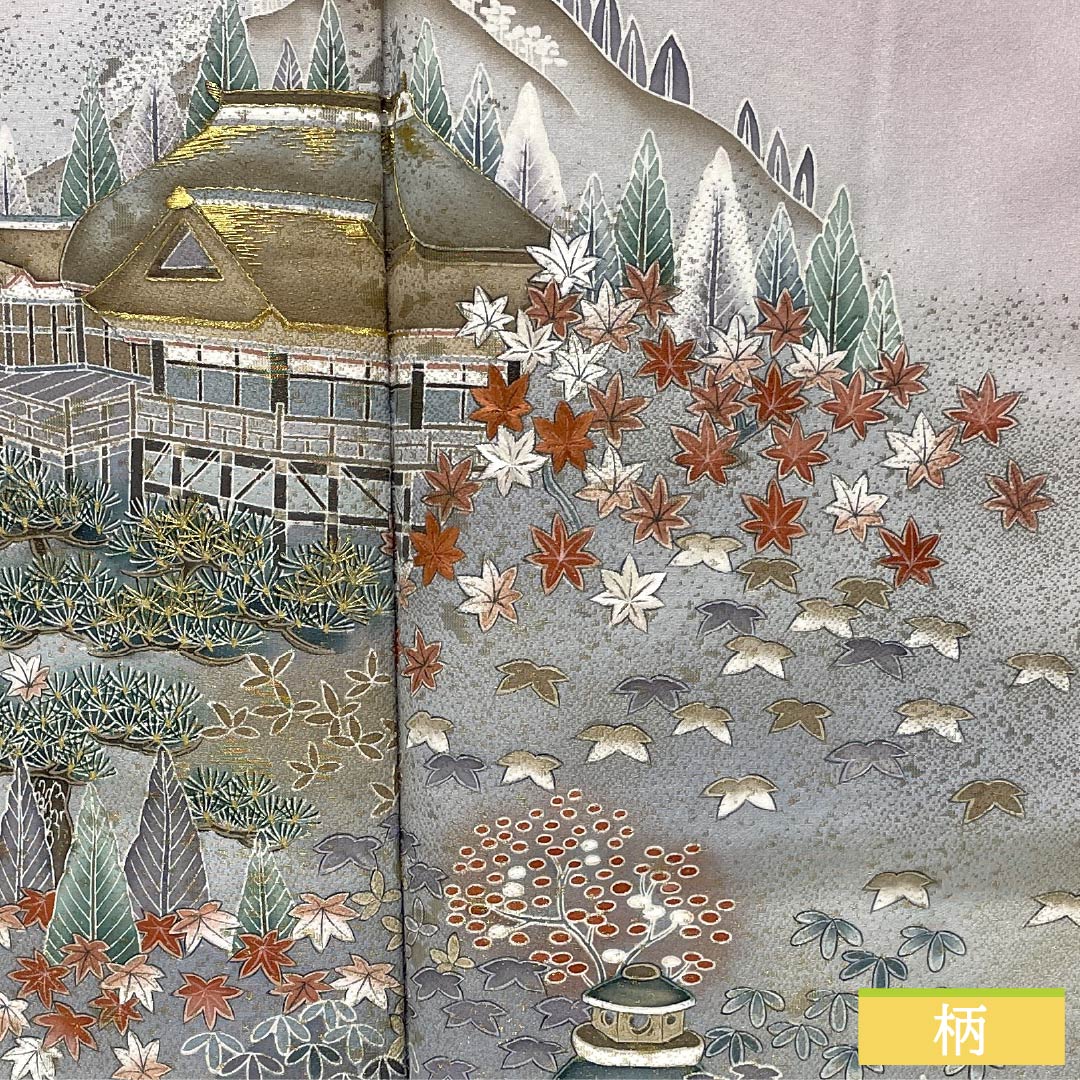 色留袖 正絹 Aランク 身丈157.5cm 裄丈62cm 袷 桜色（さくらいろ） 一つ紋 下り藤 京友禅 風景模様 作家物 しつけ糸付き 一つ紋 ピンク系 1111002003313
