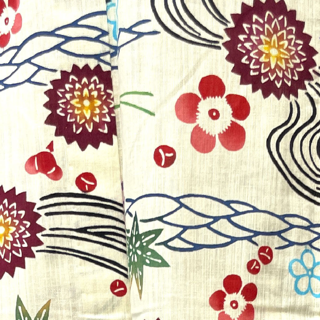 Yukata with basting thread, unused, milky white, stencil dyed, cotton linen, S rank, single layer, length 162cm, sleeve length 67cm, cream color, 1118002012415