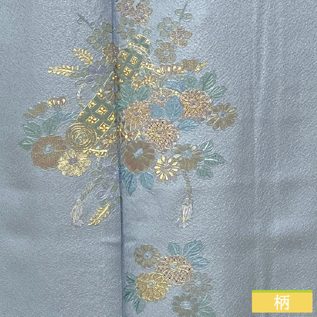 訪問着 正絹 袷 身丈158cm 裄丈63cm 薄花色（うすはないろ） 刺繍 草花模様 Aランク 青系 1112004693317