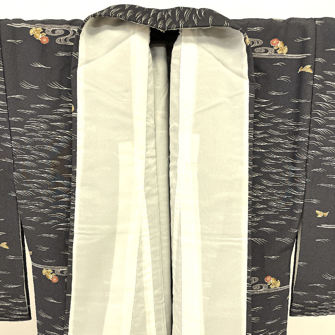 小紋 身丈161.5cm 裄丈65cm 袷  流水に花模様 洗える着物  ポリ Sランク グレー系 1115000872322