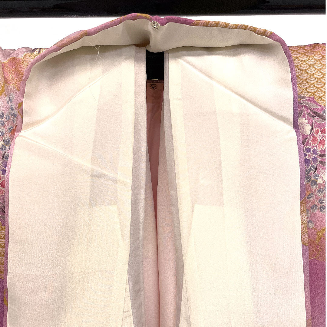 小紋 身丈158cm 裄丈65cm 袷  洗える着物 雲取り 草花模様  ポリ Aランク 紫系 1115001623320