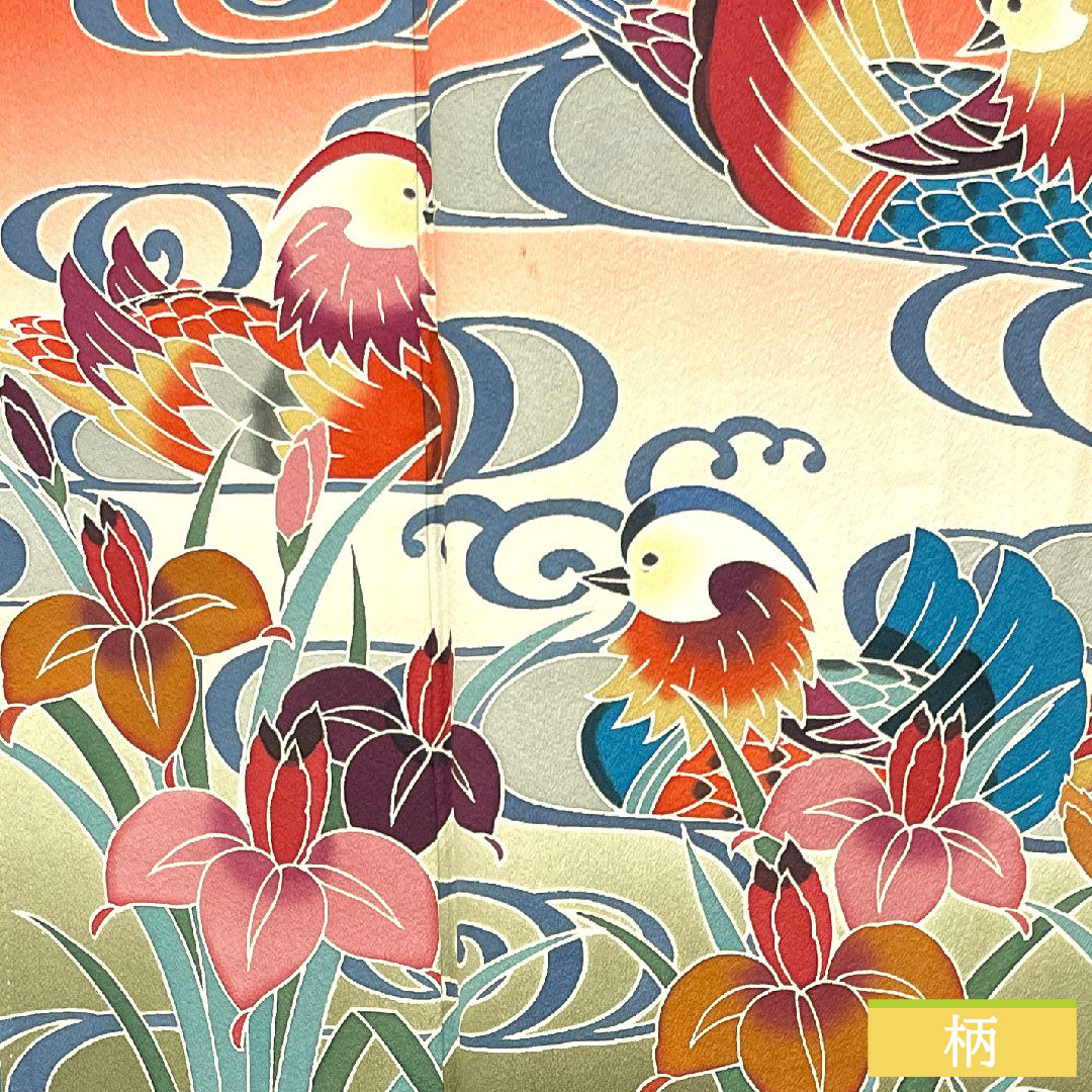 Furisode, pure silk, length 157.5cm, sleeve length 66.5cm, lined, scarlet, Kyoto Bingata, auspicious motif, mandarin ducks, S rank, red, 1113002092312
