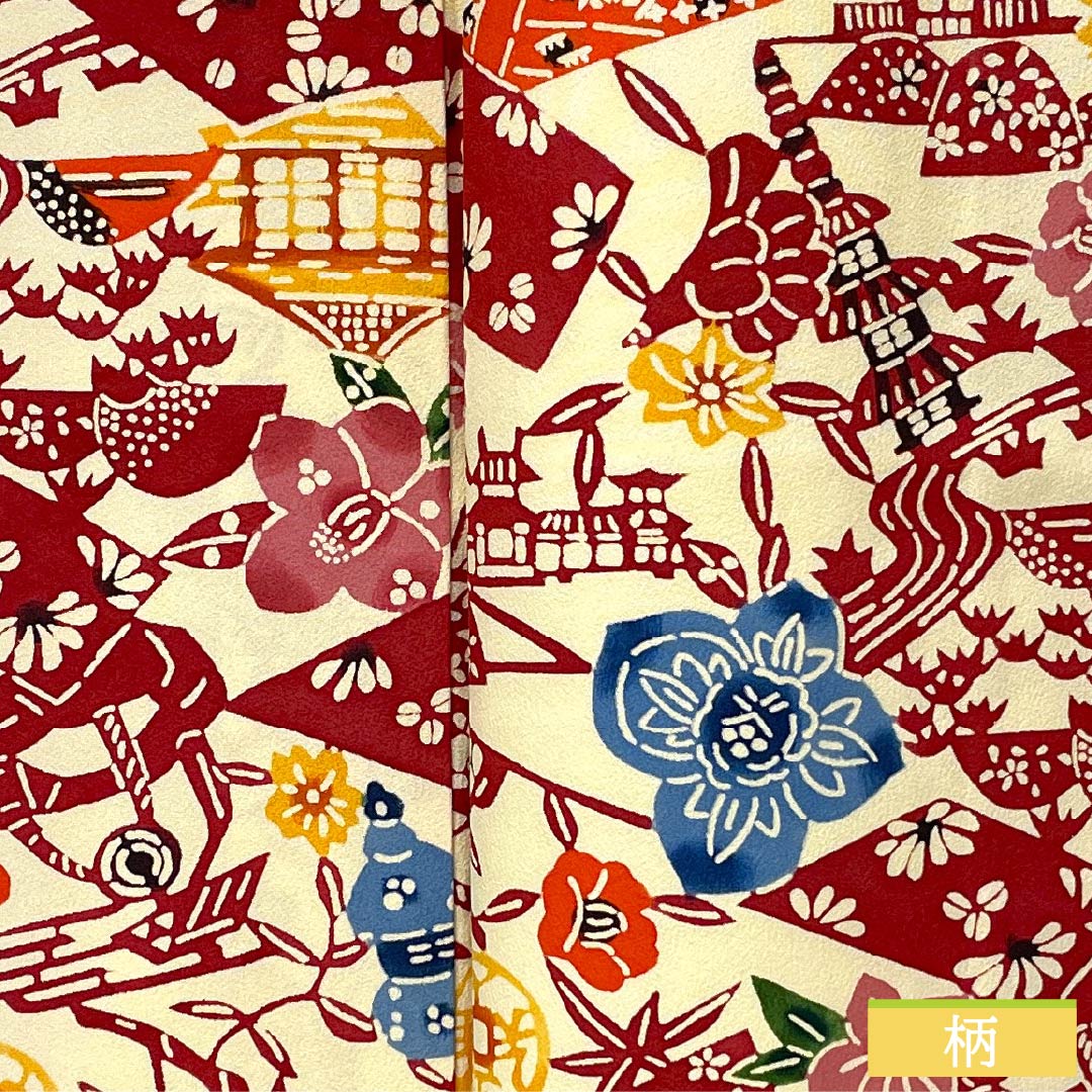 Komon silk S-rank kimono, length 159.5cm, sleeve length 66cm, lined, Tokyo white-brown (Tokyo shirachairo) pattern, Kyoto Bingata, Kyoto landscape design, cream-toned, product number 1115006852315