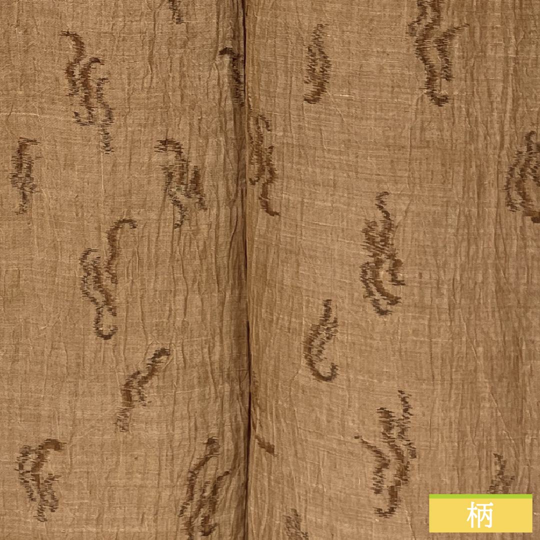 夏物 麻 紬 Sランク 身丈153.5cm 裄丈62cm 薄茶色（うすちゃいろ） 小千谷縮 抽象模様 紗 茶系 1132003792214