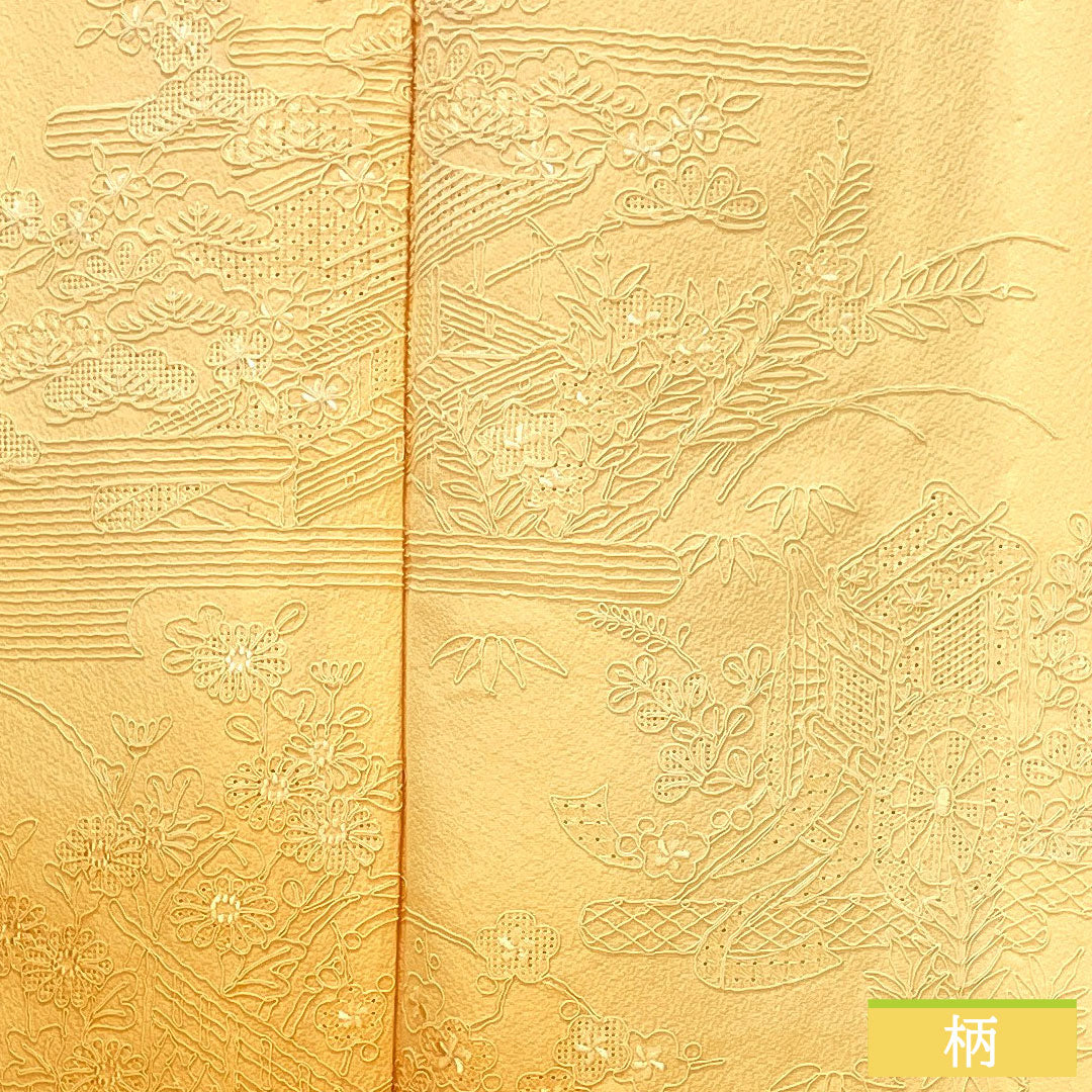 Homongi (formal kimono) made of pure silk with a waistband, length 158cm, sleeve length 66.5cm, light orange color, embroidery, floral pattern, one crest, swallowtail butterfly, tsukesage, S rank, orange, 1112005602326