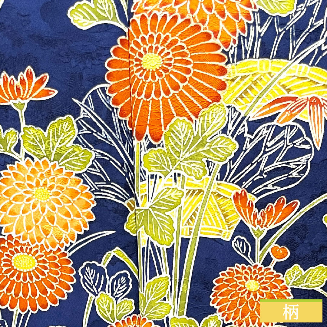 Homongi, pure silk, lined, length 168cm, sleeve length 63.5cm, deep bellflower color, Kyoto Yuzen, chrysanthemum, plum, A rank, navy blue, 1112003393518