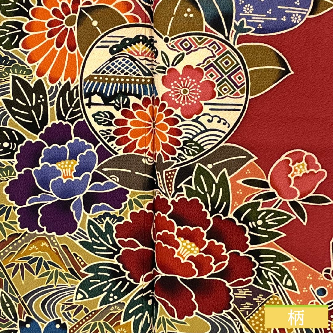 Kimono (Furisode) Pure Silk A Rank, Length 164.5cm, Sleeve-to-sleeve 67.5cm, Lined, Oxblood Red, Kyo-Bingata, Auspicious Motifs, Yume Guard Processed, Red tones, 1113002923412