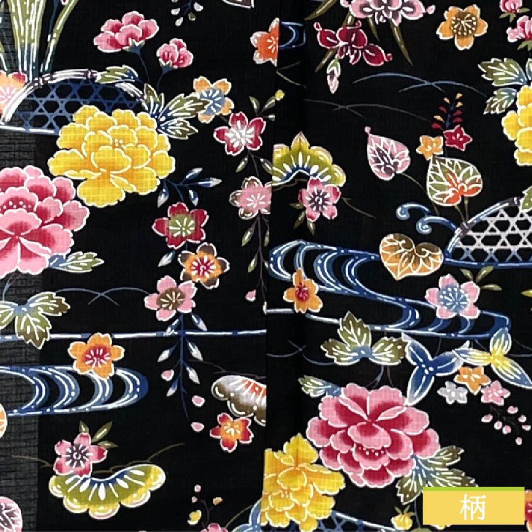 （新品未使用品）浴衣 木綿 身丈167cm 裄丈67cm NEWランク 単衣 黒系 型染 花 松 流水 1118006791510