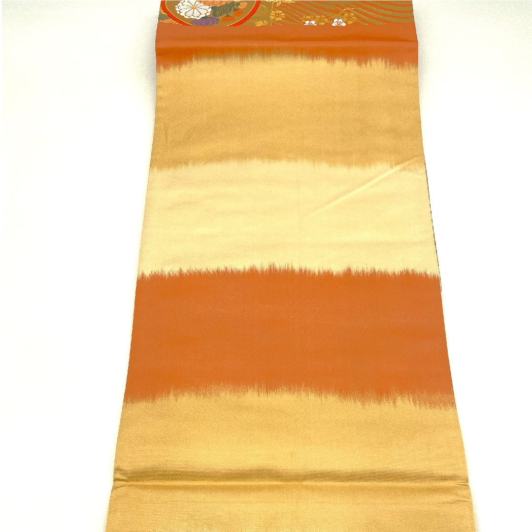 袋帯 蝶 波模様 草花模様 有職波桜文 帯丈428cm 正絹 Aランク 六通 フォーマル 金系 1123004363321
